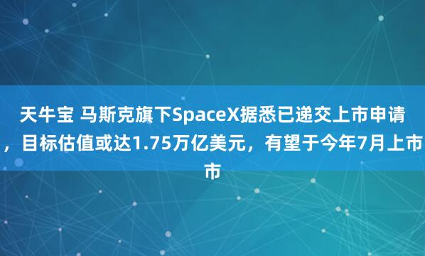 天牛宝 马斯克旗下SpaceX据悉已递交上市申请，目标估值或达1.75万亿美元，有望于今年7月上市